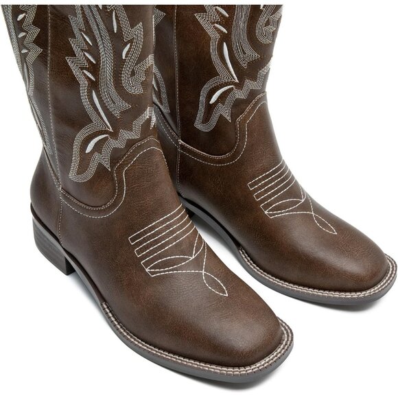 kkdom Women Dark Brown Cowboy Square Toe Western Cowgirl Mid Calf Boot - Picture 5 of 8